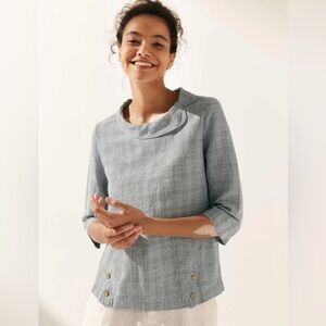 LINTICO Linen Gingham Checked Round Soft-Fold Collar Top LAURA Small Gray Plaid